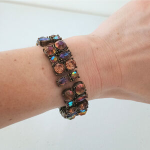 Vintage Aurora Borealis Rhinestones On Bronze Tone Links Stretch Bracelet